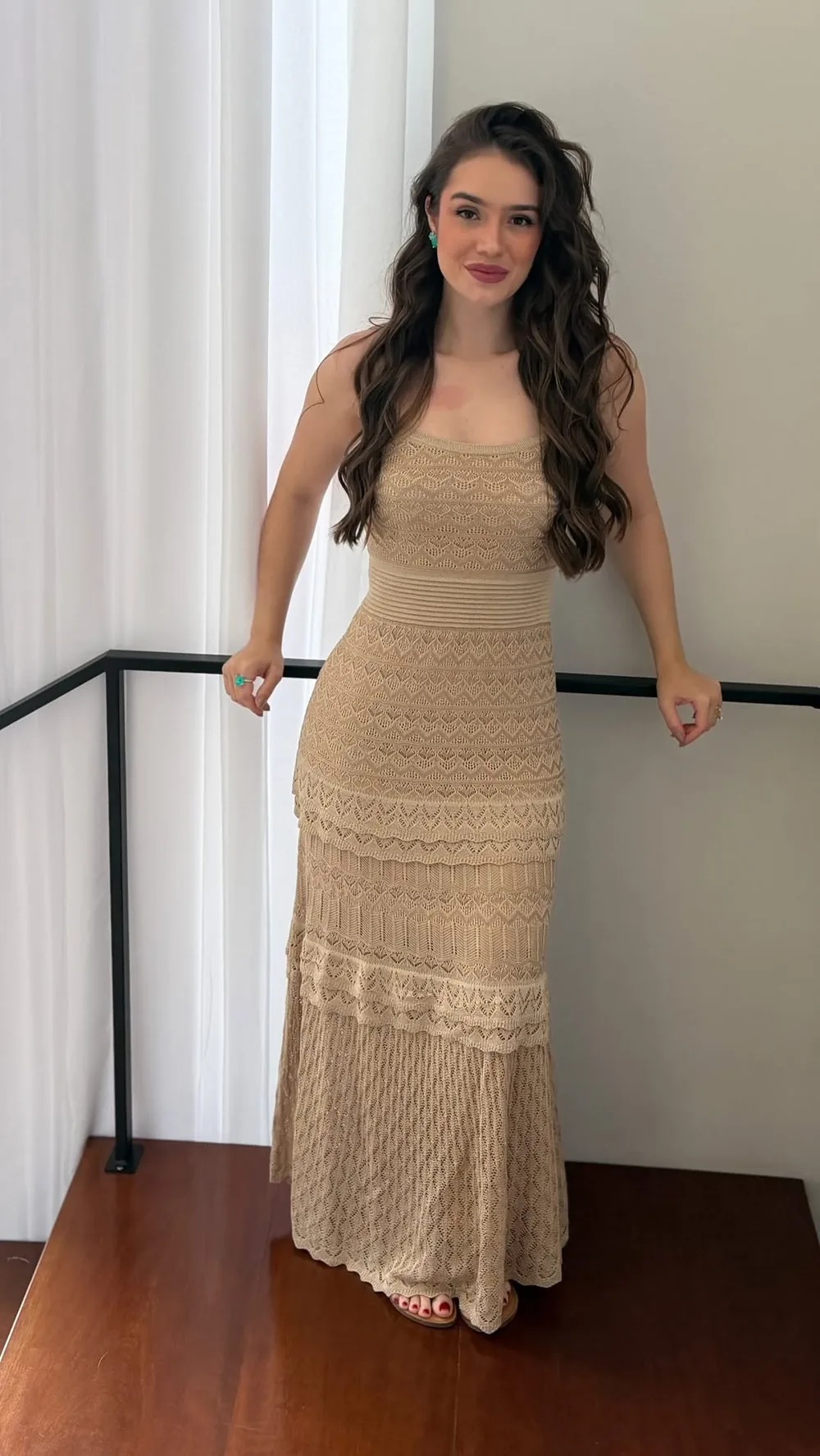 Vestido longo em fio rayon bege